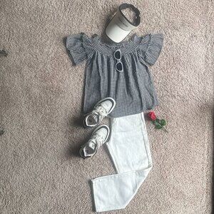 Black and white plaid cotton off-the-shoulder top - size S